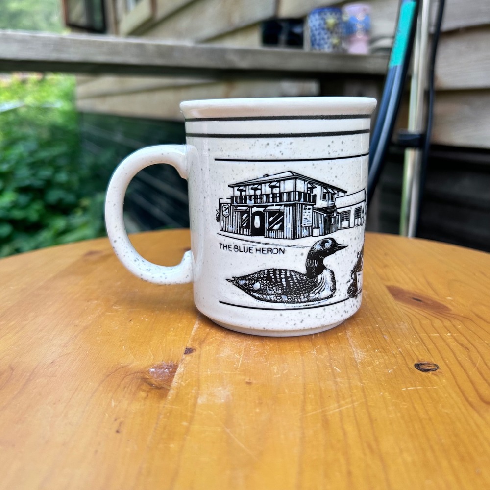 Vintage Kenora Ontario Souvenir Mug Large White Speckled Stoneware Pottery